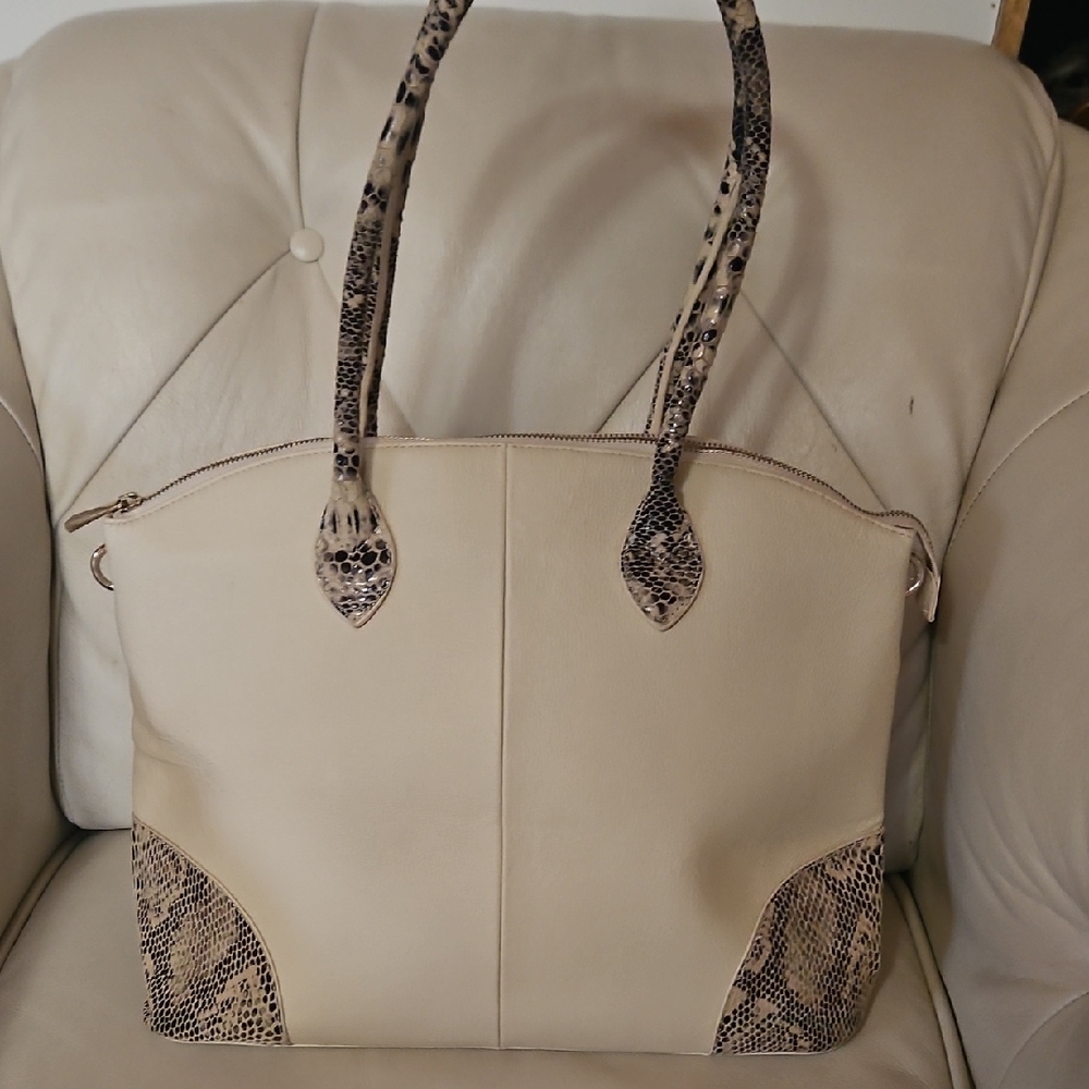 Danier Cream Tote with Snakeskin Trim